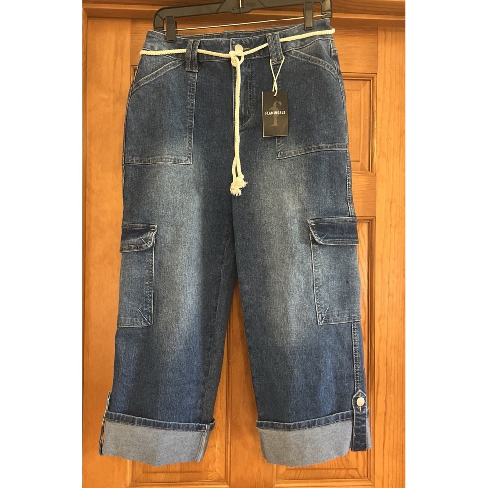 Flamingals Women's Cropped Cargo Jeans With Rope Belt Sz Medium